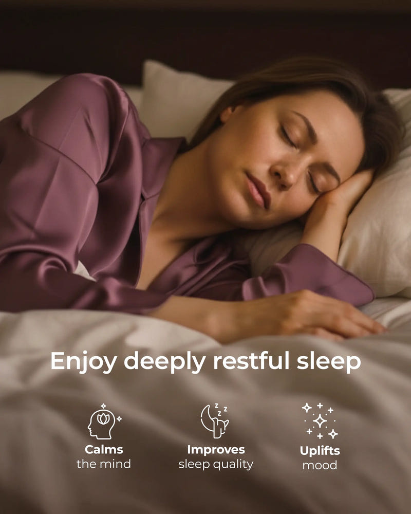 Woman sleeping peacefully with text about the benefits of sleep on a dark background