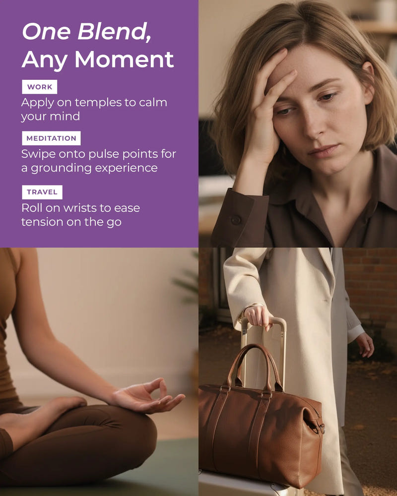 Promotional image for a product with text and lifestyle images of a woman.