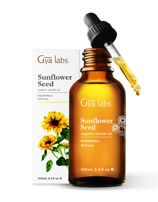 organic sunflower seed carrier oil sealed bottle with black cap outside white box