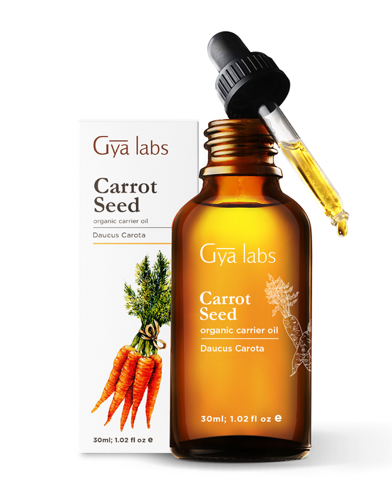 glass dropper filled with organic carrot seed oil kept above the bottle outside the box