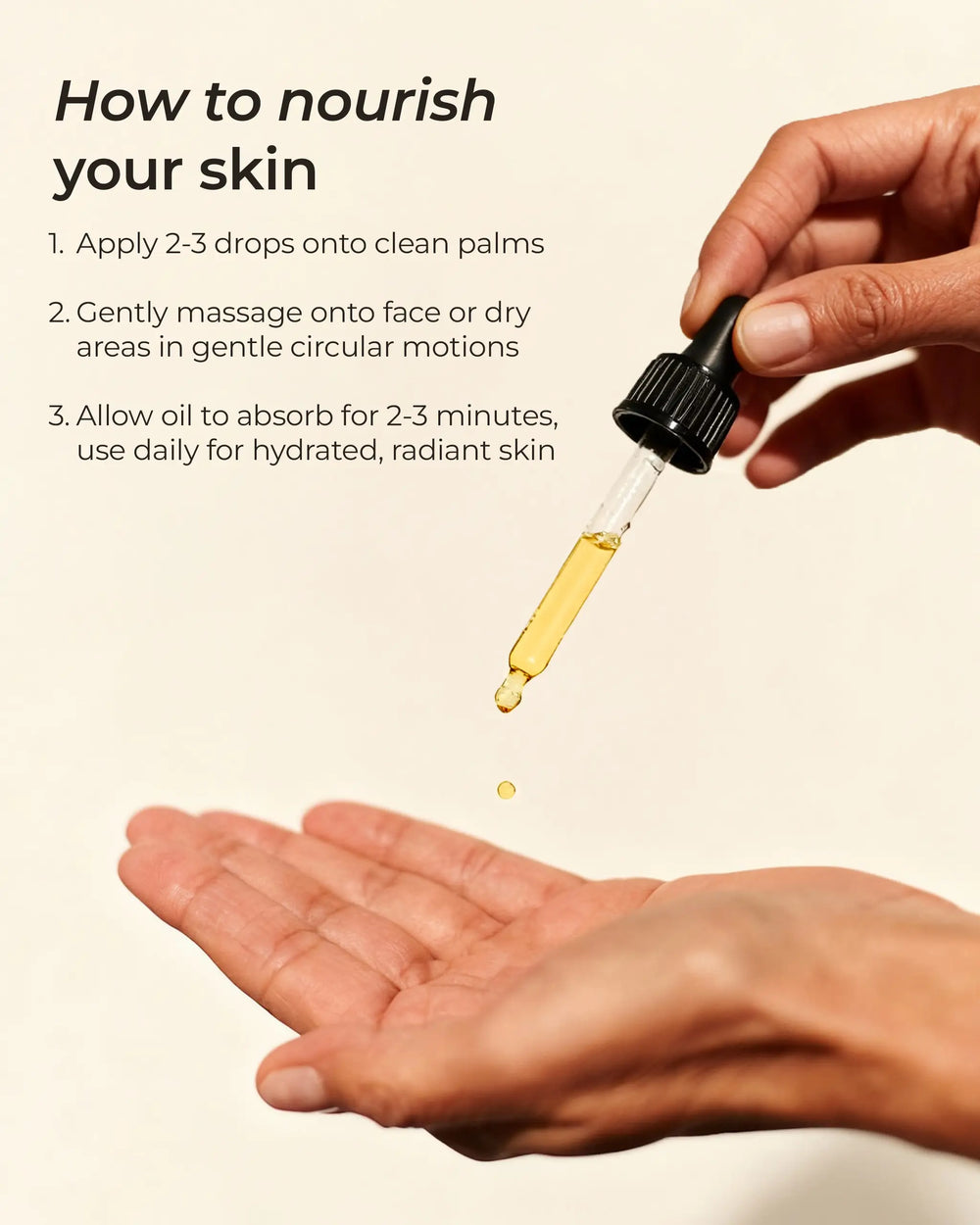 Hand holding a dropper with oil over another hand, demonstrating skincare routine.