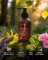 Massage oil bottle with natural ingredients and wellness benefits